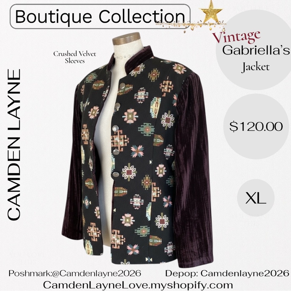 Vintage Gabriella’s Tapestry Art Needlepoint Jacket, Crushed Velvet Sleeves - Picture 2 of 13